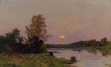 Teich See Wassfall Werke - Lavandiere Et Barques Soleil Couchant Szenen Hippolyte Camille Delpy Landschaft